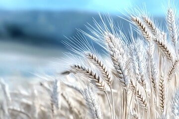 Close-up of golden wheat ears swaying gently in the breeze with a blurred blue sky in the background, capturing the essence of a bountiful harvest.