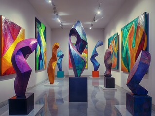 Vibrant art gallery with colorful sculptures and paintings.
