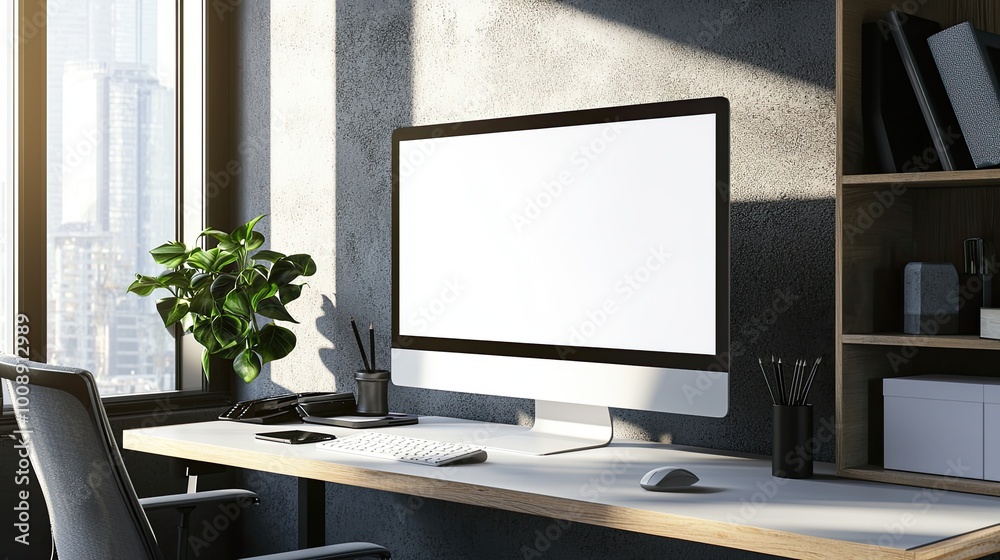 Fototapete computer with a blank white screen on a desk in a modern office room, a mockup for artwork or text d