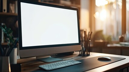 Fototapeta premium Close-up of a blank white screen computer monitor on a desk with office supplies in a minimalist home work space, front view, mockup template, soft blurred background, copy space concep