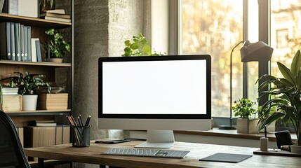 Fototapeta premium computer with a blank white screen on a desk in a modern office room, a mockup for artwork or text display template, with copy space. White background