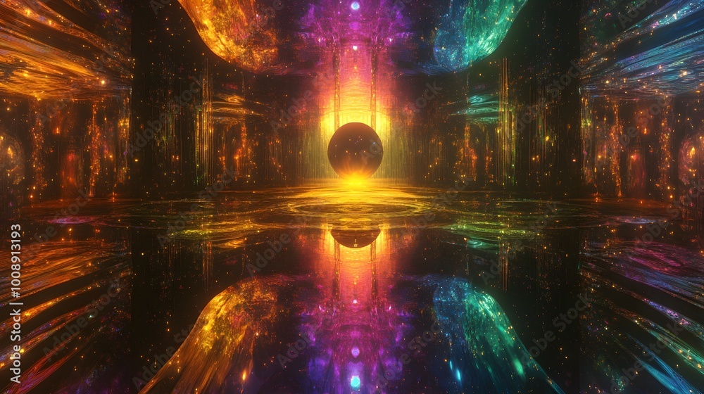 Poster abstract colorful light patterns with a glowing sphere centerpiece