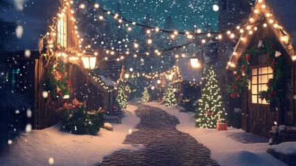 Christmas street lined with trees and festive lights. Holiday atmosphere and festive cheer concept. - Powered by Adobe