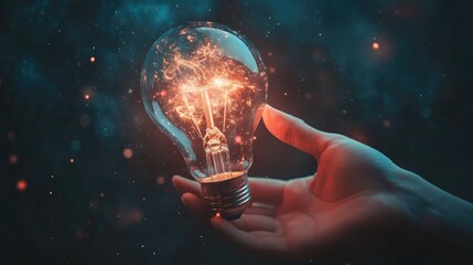 Creative lightbulb with floating, abstract elements inside, hand holding it against a dark background