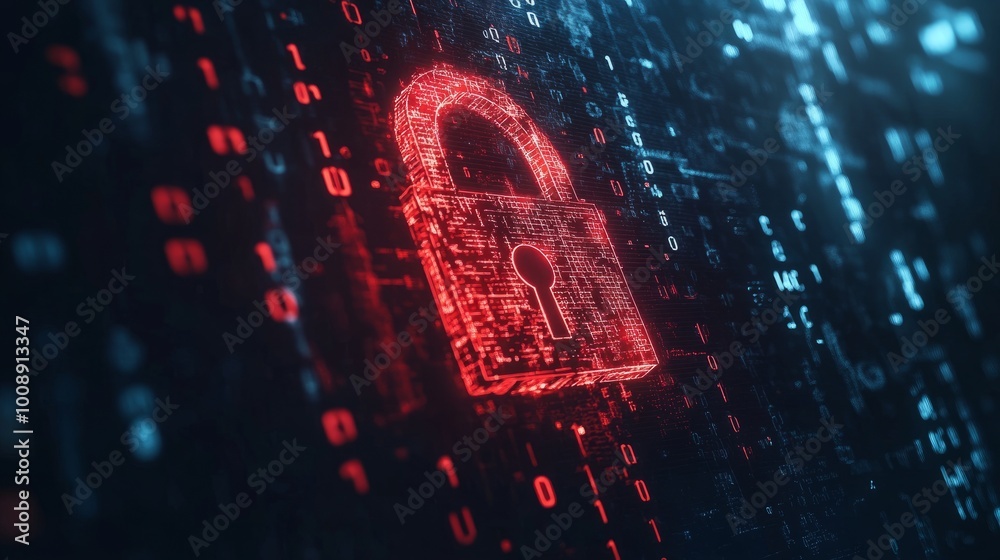 Poster cyber attack alert with a red broken padlock symbol on screen, digital background filled with binary