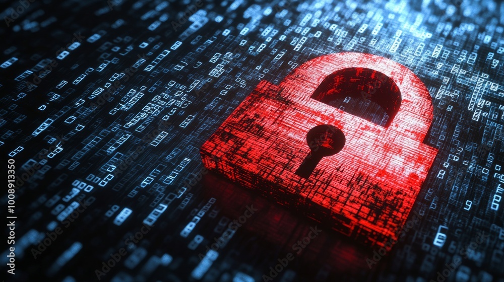 Poster cyber attack alert with a red broken padlock symbol on screen, digital background filled with binary