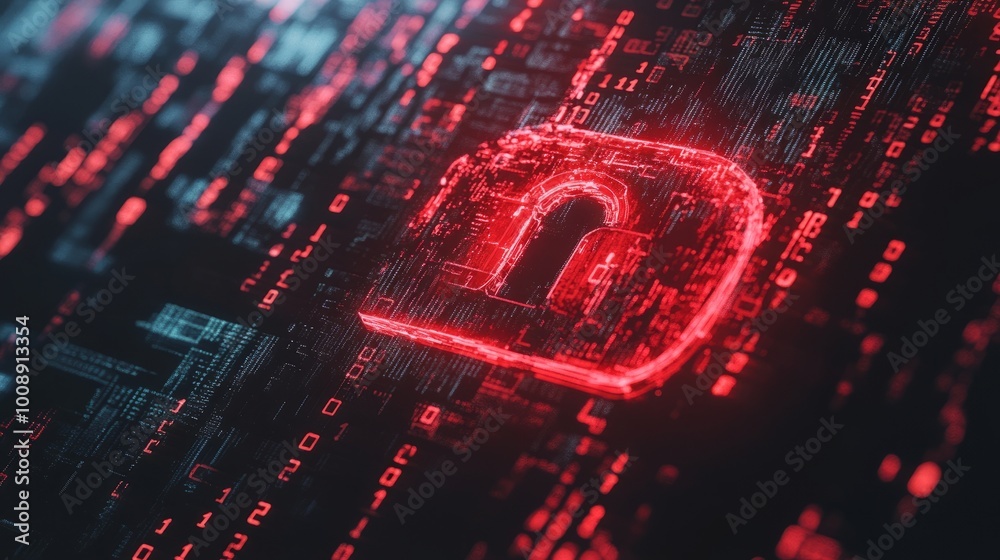 Poster cyber attack alert with a red broken padlock symbol on screen, digital background filled with binary