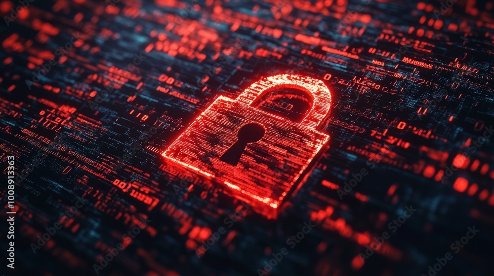 Poster cyber attack alert with a red broken padlock symbol on screen, digital background filled with binary
