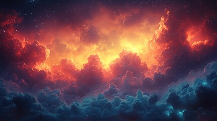 Celestial Cloudscape: A breathtaking view of vibrant clouds illuminated by the glow of distant stars.