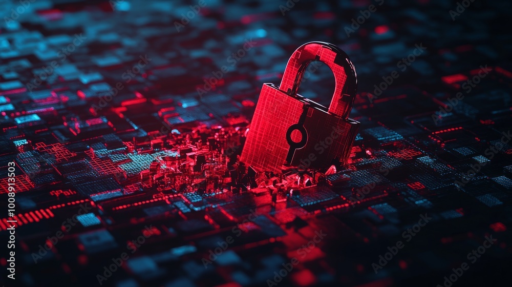 Poster digital security breach concept with a red broken padlock, representing hacker attack. matrix code i