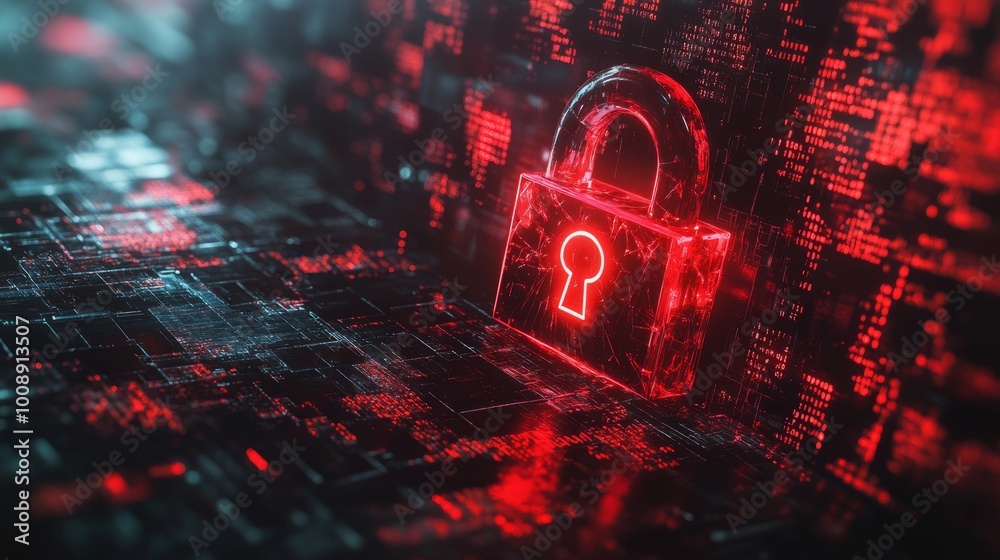 Poster digital security breach concept with a red broken padlock, representing hacker attack. matrix code i