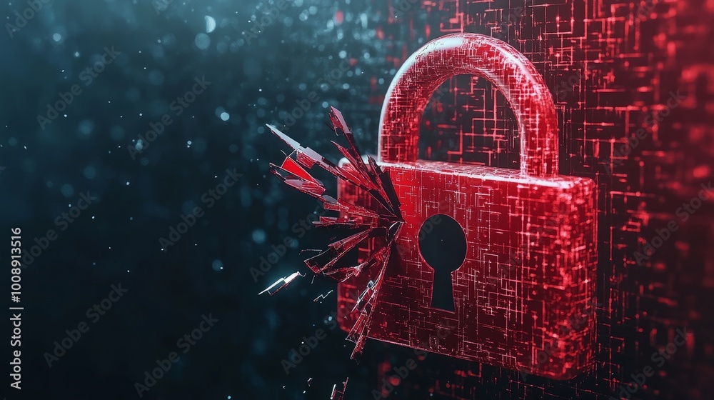 Poster Digital security breach concept with a red broken padlock, representing hacker attack. Matrix code in the background, indicating cyber vulnerability.