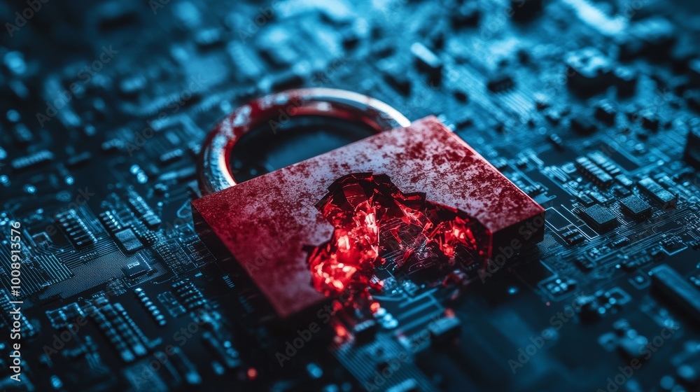 Poster Hacker attack alert with a red broken padlock, digital interface representing system vulnerability. Security breach and online danger concept.