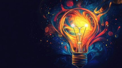 Creative lightbulb with floating, abstract elements inside, hand holding it against a dark background