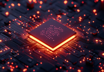 High-tech chip on a circuit board, with a background of futuristic dark blue and orange lighting effects.