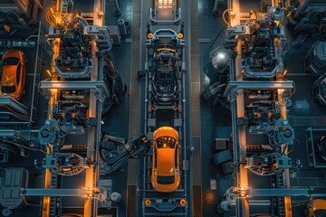 High tech factory uses AI for efficient electric vehicle production.