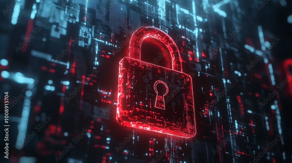 Poster Hacker attack alert with a red broken padlock, digital interface representing system vulnerability. Security breach and online danger concept.