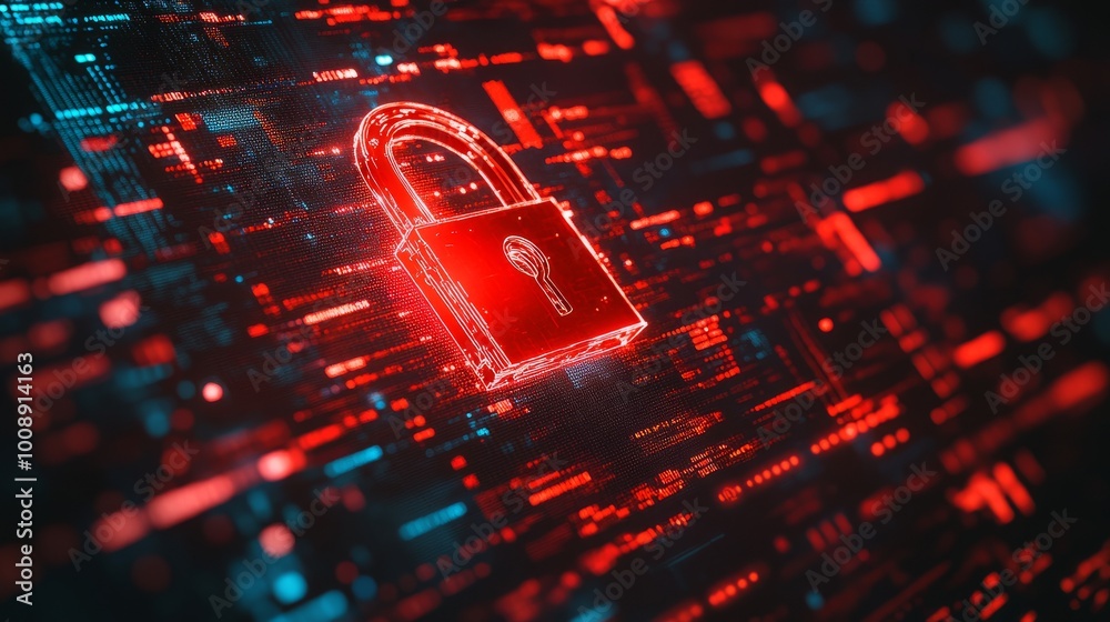 Poster Hacker attack concept showing a red broken padlock on a screen, symbolizing a system breach. Digital matrix background and cybersecurity alert