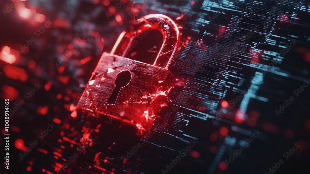 Poster Hacker attack concept showing a red broken padlock on a screen, symbolizing a system breach. Digital matrix background and cybersecurity alert