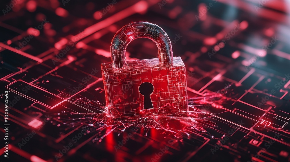 Poster Hacker attack concept with a red broken padlock and a matrix-like digital background. Symbol of security breach and internet vulnerability.