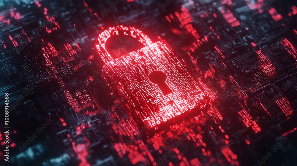 Poster Hacker attack visual with a glowing red broken padlock and binary code. Concept for system hack, cybersecurity breach, and online threat