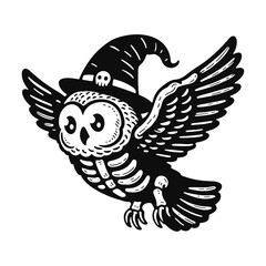flying owl skeleton wearing a hat, Halloween illustration