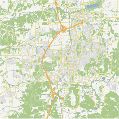 Map of Fayetteville in Arkansas in a normal road map style. Contains layered vector with roads water, parks, etc.