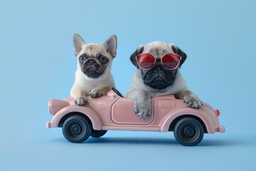 Funny pug dog and cat with sunglasses in toy car on light blue background