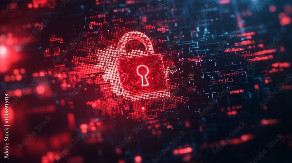Poster Red broken padlock on a digital screen, symbolizing a hacker attack. Cybersecurity concept with binary code background and warning alerts.