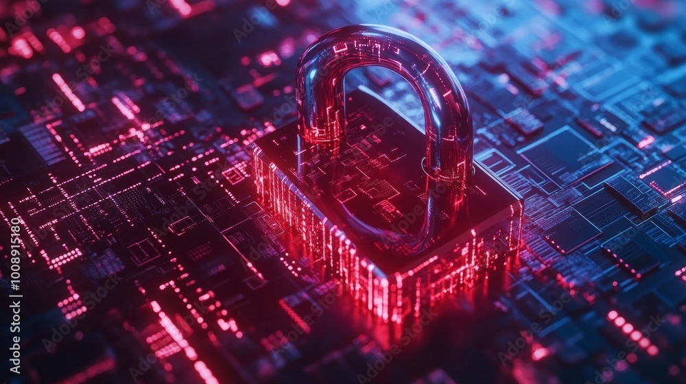 Poster Red broken padlock on a digital screen, symbolizing a hacker attack. Cybersecurity concept with binary code background and warning alerts.
