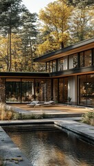 Obraz premium Luxury Modern Home Exterior, Swimming Pool, and Autumn Trees, 3D Architectural Rendering