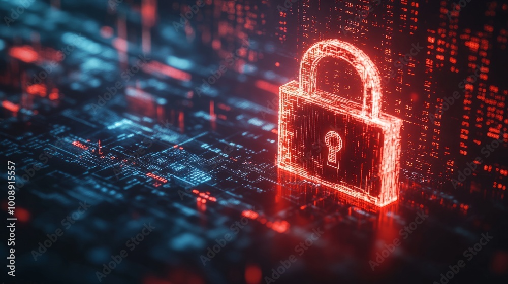 Poster Red broken padlock on digital background, symbolizing hacker attack and system breach. Cybersecurity concept with binary code and alert sign.