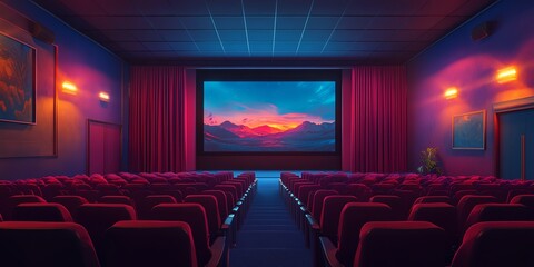 Fototapeta premium An empty movie theater with red seats and a screen showing a sunset over mountains.