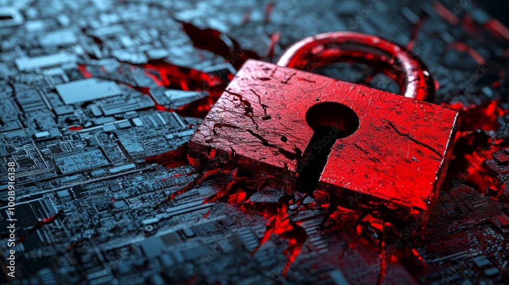 Aufkleber red broken padlock symbolizing a hacker attack, digital interface in background with warning signs. 