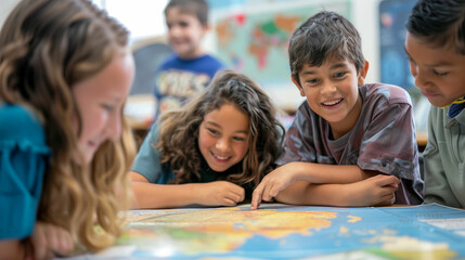 Children engaged in an interactive map exploration activity in a vibrant classroom setting, discovering geography and teamwork dynamics