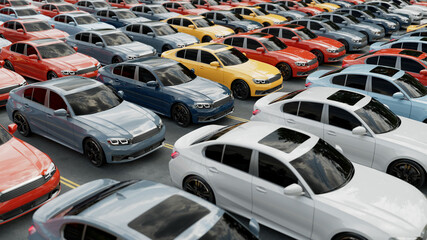 A large car parking lot filled with numerous colorful sedan vehicles, reflecting the current global...