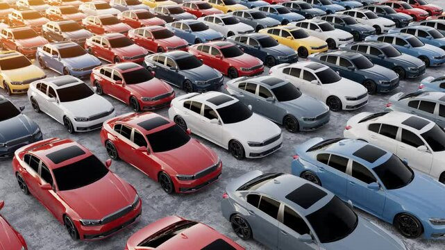 A large car parking lot filled with numerous colorful sedan vehicles, reflecting the current global used car surplus.3d, rendering, illustration,