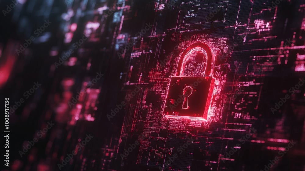 Wall mural system hacked alert with a red broken padlock, surrounded by digital matrix codes. cybersecurity bre