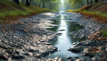 Fototapeta premium an earthen road trench is a groove with puddles of water left after rain and