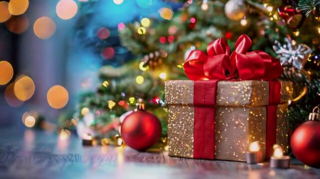 A beautifully wrapped gift under a decorated Christmas tree with soft lights.