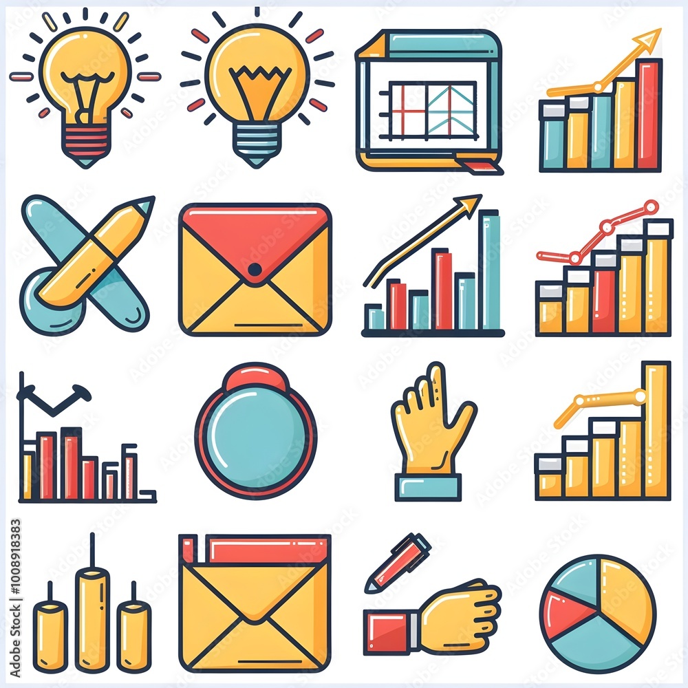 Poster elegant collection of business icons featuring briefcase lightbulb handshake and bar chart with shar