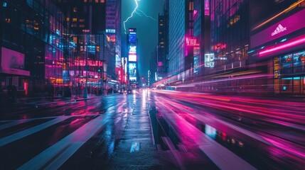 Fototapeta premium Neon-lit City Street with Blurry Light Trails and a Lightning Strike