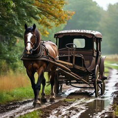 a horse harnessed to an old worn-out carriage walks along an earthen road, which is covered with multiple puddles after the last rain, forming potholes, getting stuck in a mess of earthen mud