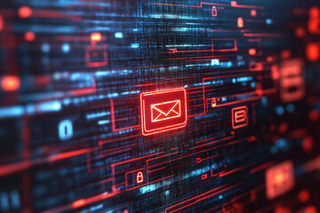 Obraz premium Computer screen with a data breach warning, set against thin file icons.