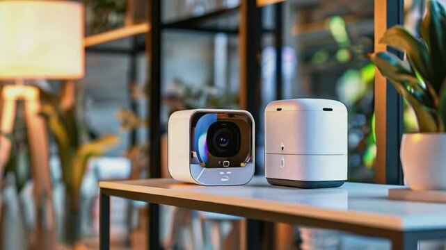 A modern camera and a compact device on a shelf, set in a stylish indoor environment.
