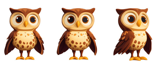 Cute cartoon owl character in multiple angles for kids' illustration and educational materials