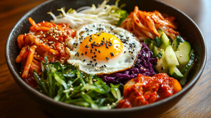 Bowl of Bibimbap, korean food, with fried egg, vegetables and spicy kimchi 