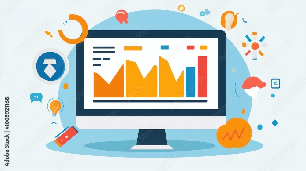 Poster Computer Screen with Chart and Abstract Icons