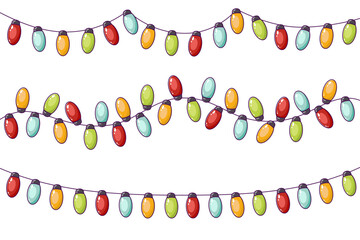 Christmas garland with colored bulbs, New Year's, festive, birthday decor. Winter festive element. Horizontal garlands