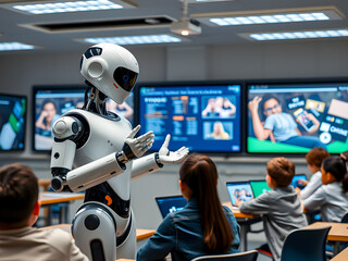 Robot in front of a group of people in a video conference